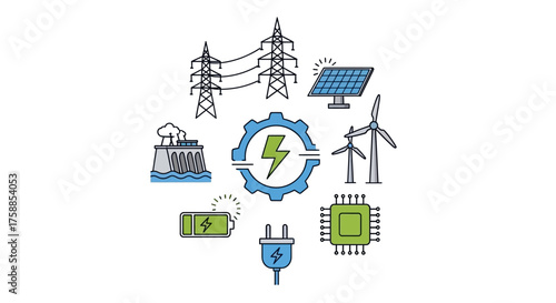 Diverse renewable energy sources and power generation symbols