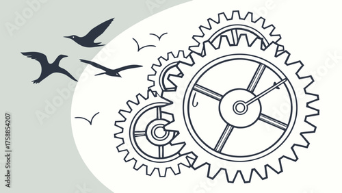 A simple line drawing of gears with birds flying to the left side against a white background space art