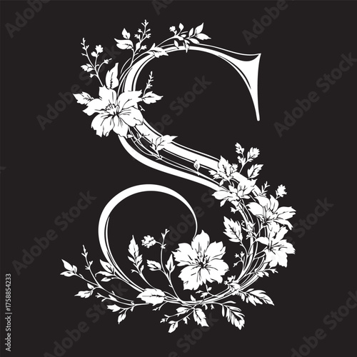 Floral Letter S Vector — Elegant White Monogram with Intricate Botanical Embellishments on Black Background for Decorative Use