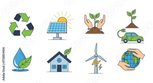 Icons representing environmental conservation and sustainable practices