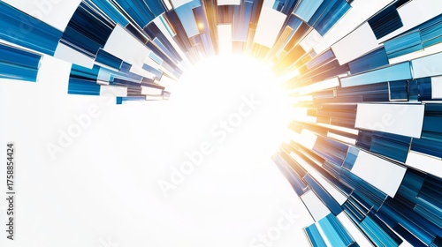 Dynamic abstract design with vibrant blue shapes converging towards a bright center, symbolizing innovation and progress.