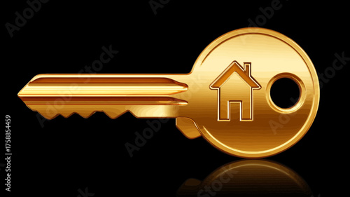 Shiny golden house key with a prominent home icon on a sleek black background, symbolizing real estate, ownership, and new beginnings.