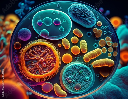 concept of microscopic microbiome view of bacteria culture in the gut healthy microorganisms pathogen and cells macro shot colorful biology and virology background