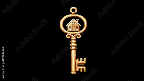 Ornate golden key with house symbol on a black background, representing real estate, home ownership, property investment, and security.