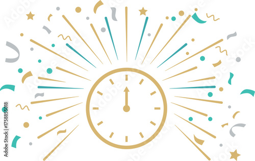 A gold clock with fireworks and confetti. A New Year's clock. A clock that shows 12:00 p.m.