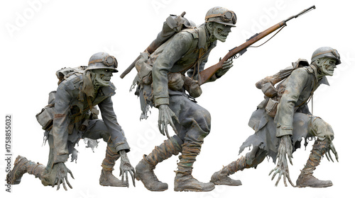 Terrifying undead soldiers advance ominously, skeletal figures in tattered uniforms armed with rifles, perfect for horror themes and dark storytelling.
