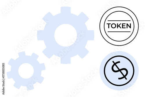 Three blue gears and two digital tokens featuring text and a dollar symbol highlight blockchain efficiency, cryptocurrency, fintech, collaboration, decentralized systems, innovation, simple flat