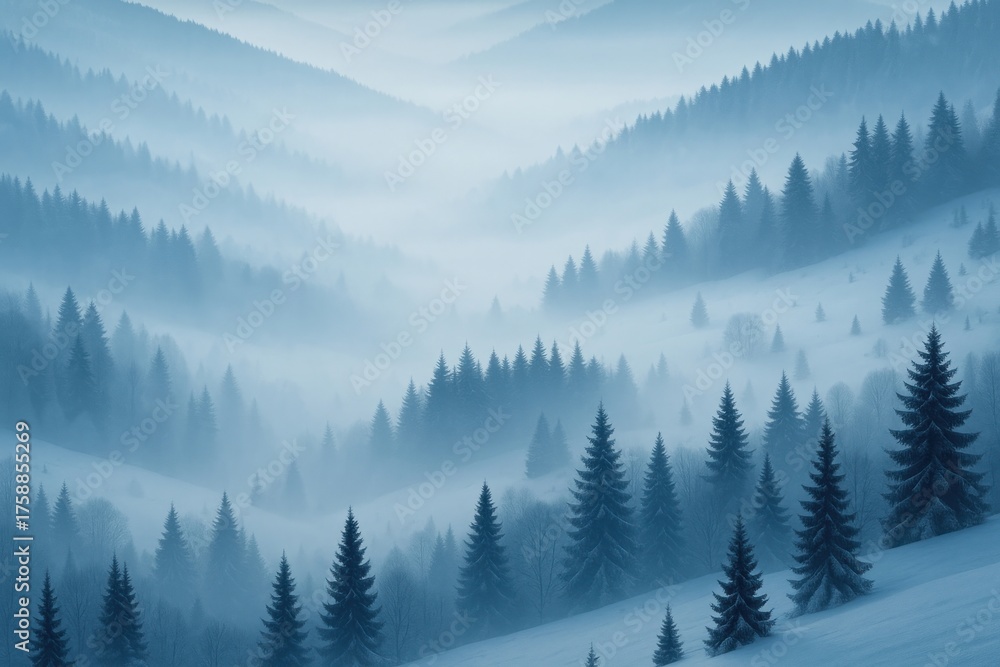 Fototapeta premium Misty forest with snowy hills.