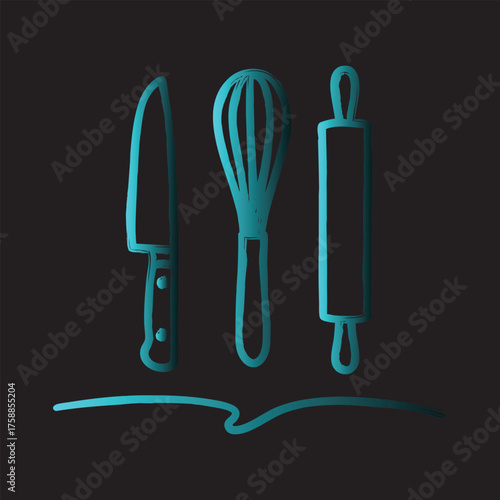 Neon glow kitchen utensils knife whisk rolling pin outline art baking cooking vector