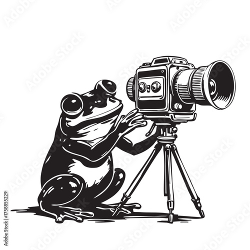 Frog Photographer Vector — Black and White Cartoon Illustration of Upright Frog Operating Vintage Camera on Tripod in Stylized Pose