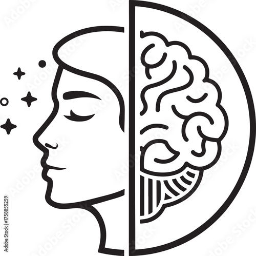 Human head profile split showing face and brain with stars Mental health mind