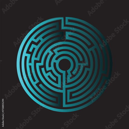 Circular labyrinth maze path abstract design with glowing cyan and teal hues vector