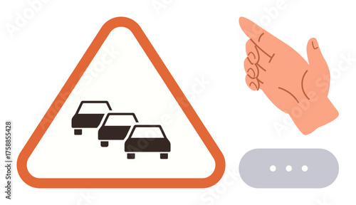 Warning sign with cars in a queue, a hand pointing or gesturing beside it, and an ellipsis below. Ideal for traffic safety, caution, attention, communication, guidance, road awareness simple flat