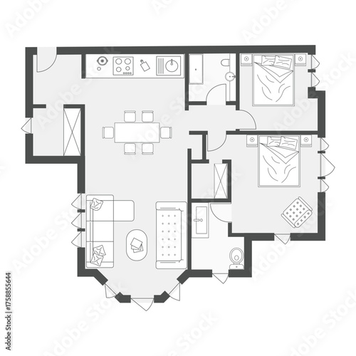 Modern 2D Floor Plan of Two Bedroom Apartment Layout