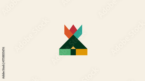 Modern minimalist geometric illustration of a stylized tent or tipi icon with abstract flame element. Camping, outdoor adventure concept.