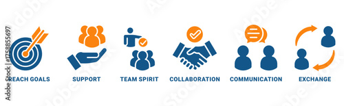 Working together icon set vector concept with icon of collaboration, reach goals, team spirit, support, communication, exchange 
