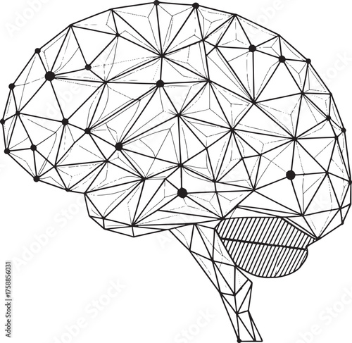 Mental health Black and white geometric abstract human brain outline with nodes vector