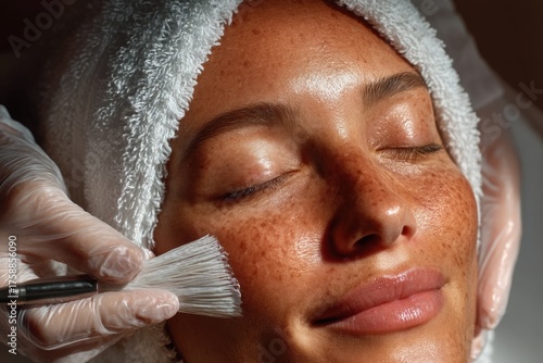 Woman receiving facial treatment from beautician, applying skincare product with brush on her face in a beauty salon