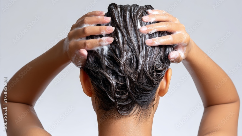 Naklejka premium Woman washing hair, hands massaging scalp with shampoo lather, personal care, beauty, and hygiene routine