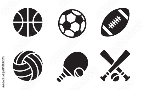 Black Vector Icons of Sports Equipment – Basketball, Soccer, Football, Volleyball, Table Tennis, Baseball