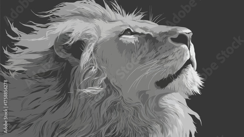 Grayscale Illustration of a Majestic Lion Head with Flowing Mane, Powerful Wild Animal Art, Symbol of Strength and Freedom