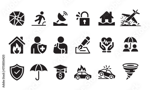 Black Vector Icons of Insurance and Safety Coverage – Health, Home, Auto, Life, Disaster Protection