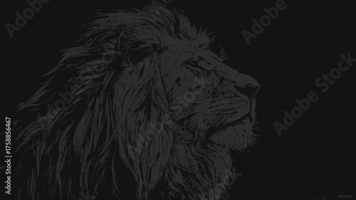 Powerful Lion Head Profile Digital Illustration in Dark Grey Tones on Black Background. Majestic Feline Art