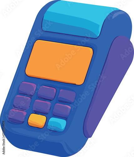 A 3D illustration of a digital payment terminal in vibrant blue, purple, and orange tones with an empty orange display screen and colorful keypad buttons.