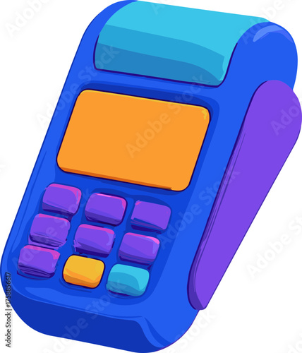 A 3D illustration of a digital payment terminal in vibrant blue, purple, and orange tones with an empty orange display screen and colorful keypad buttons.