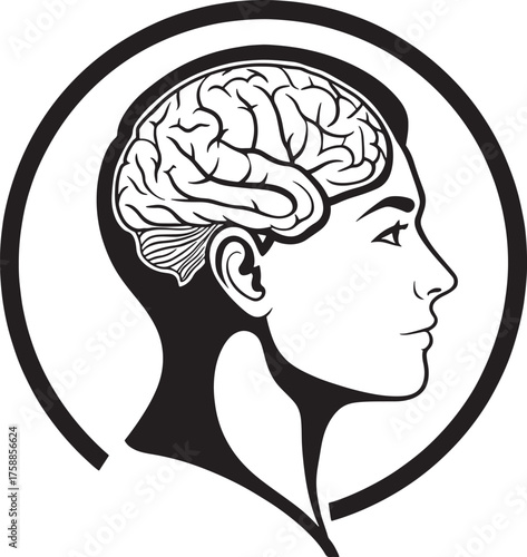Mental health Black and white graphic of human head profile with brain and circular frame mind