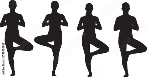 Yoga Tree Pose Silhouette Vector Set Meditative Balancing Female Exercises on Transparent Background