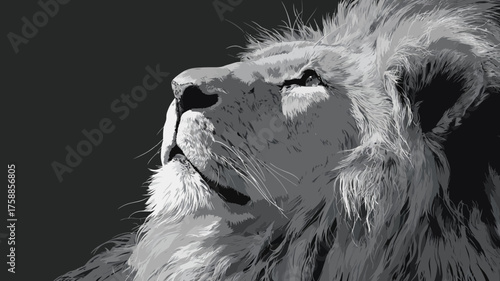 Majestic black and white male lion looking up, powerful and proud wild animal with a striking mane, headshot portrait