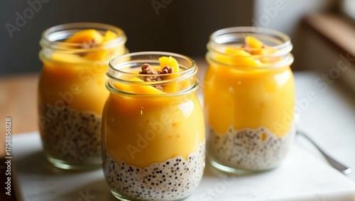Delicious mango chia seed pudding jars for a healthy breakfast or snack, perfect for meal prep and vibrant summer desserts or sweet treats