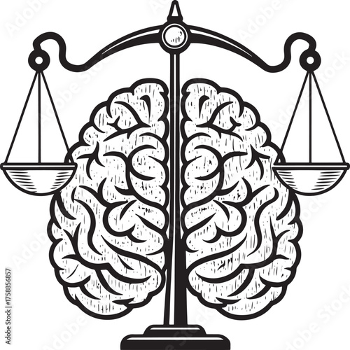 Mental health Black and white illustration of a brain on scales of justice balance weighing
