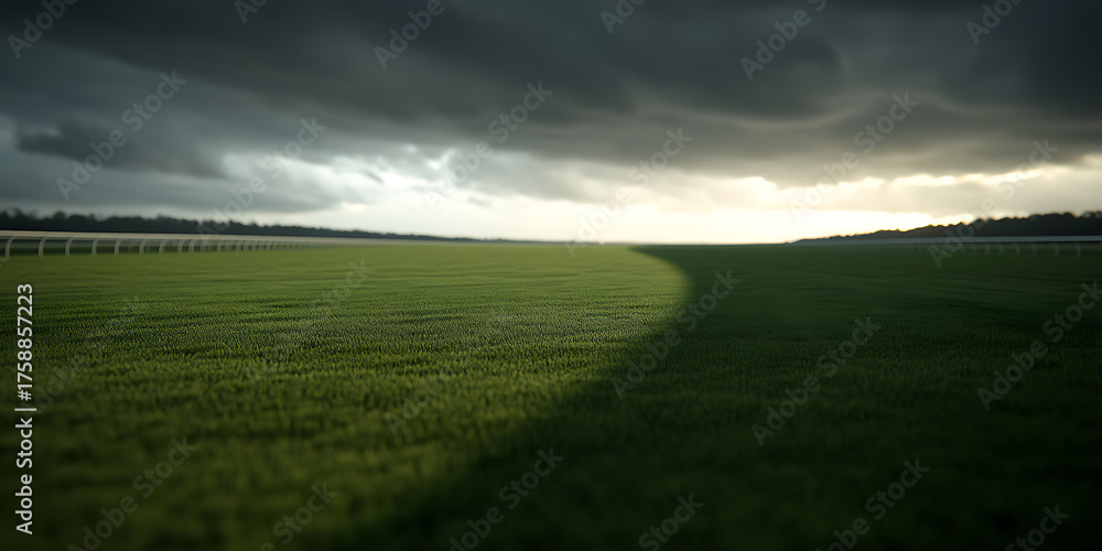 Fototapeta premium Dramatic landscape of a verdant field meeting a stormy sky at twilight, capturing the contrast between light and shadow. The texture of the grass is very detailed.
