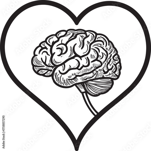 Mental health Black and white illustration of a human brain inside a heart outline love mind