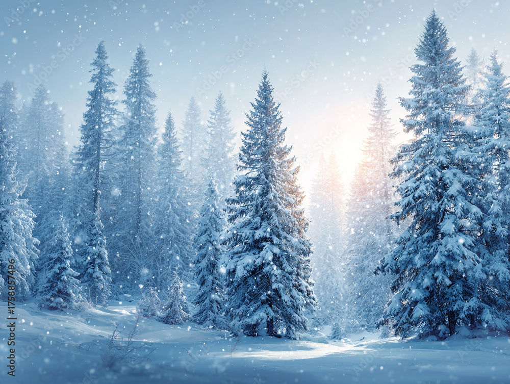 Naklejka premium Peaceful Winter Forest Landscape with Snow-Covered Pine Trees