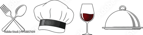 Culinary arts fork, spoon, chefs hat, wine glass, and food cover for gastronomy and restaurant concepts