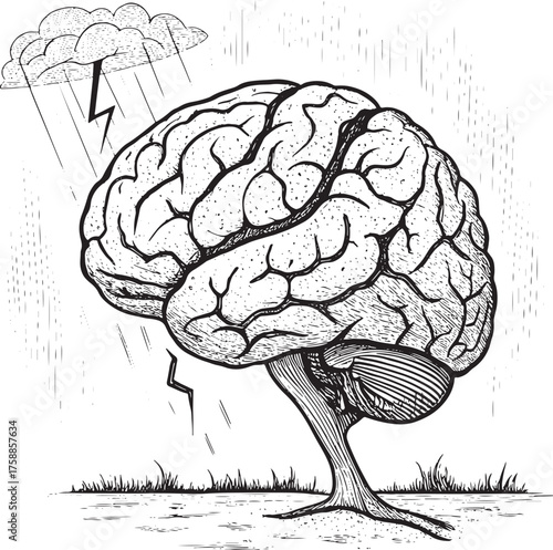 Mental health Black and white illustration of a human brain with a stormy sky and lightning mind