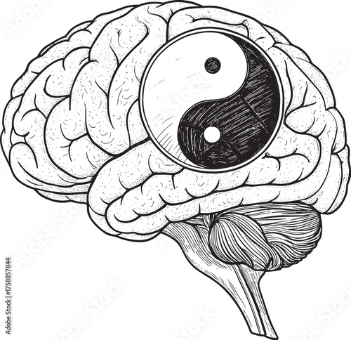 Mental health Black and white illustration of a human brain with yin yang symbol balance