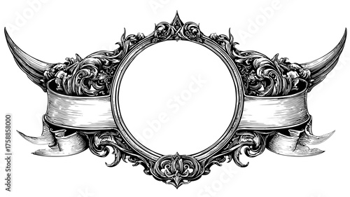 Vintage ornate frame illustration with baroque elements, decorative ribbons, and and horns. Hand-drawn crest design template.