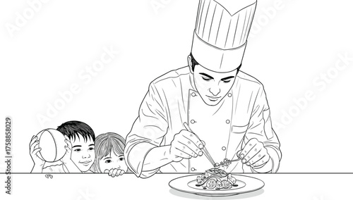 Chef plating illustration, children observing, culinary precision, black and white sketch, gourmet dish, kitchen scene, food art, curiosity moment