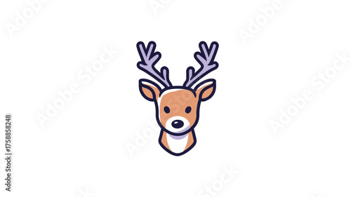 Cute cartoon deer head illustration with antlers on a clean white background, simple vector graphic for design elements, wildlife.