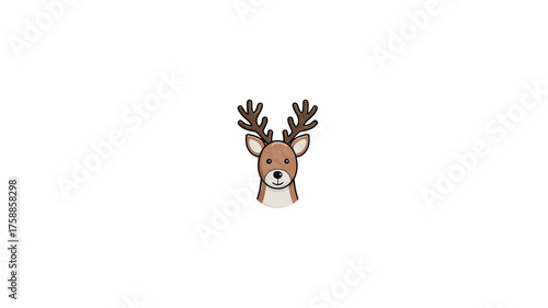 Cute cartoon deer head with brown antlers illustration. Simple vector graphic of a forest animal on a clean white background.