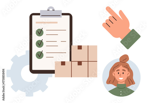 Checklist with green marks, cardboard boxes, cogwheel, pointing hand, and female portrait. Ideal for productivity, organization, teamwork, logistics supply chain planning business operations