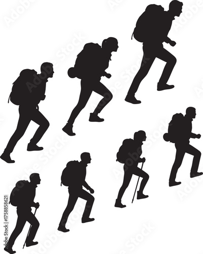 Hiking Group Silhouette Illustration of People Climbing with Backpacks and Hiking Sticks on Transparent Background