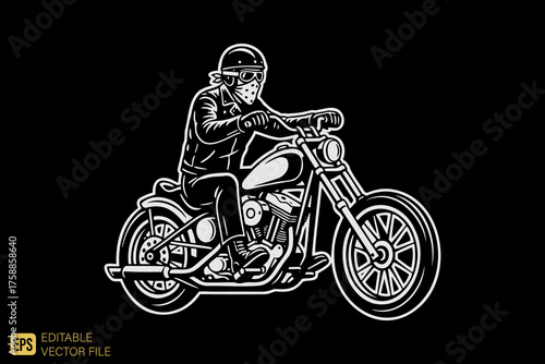 Monochrome illustration of a biker riding a classic motorcycle i