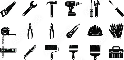 Set of construction tools featuring saw, wrench, hammer, drill, screwdriver, pliers, tape measure, knife, helmet, gloves, and toolbox