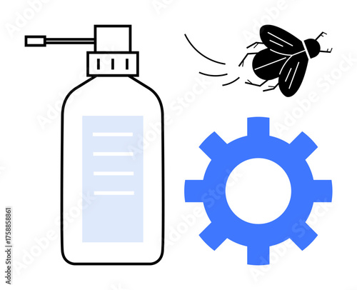 Bottle of bug spray, flying insect, and gear suggest pest elimination and troubleshooting. Ideal for cleaning, maintenance, pest control, system error solutions, process improvement, productivity