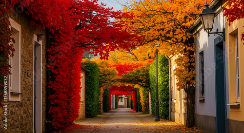 Enchanting autumn street view showcases vibrant foliage, transforming quaint European architecture into a picturesque, serene landscape, perfect for travel blogs